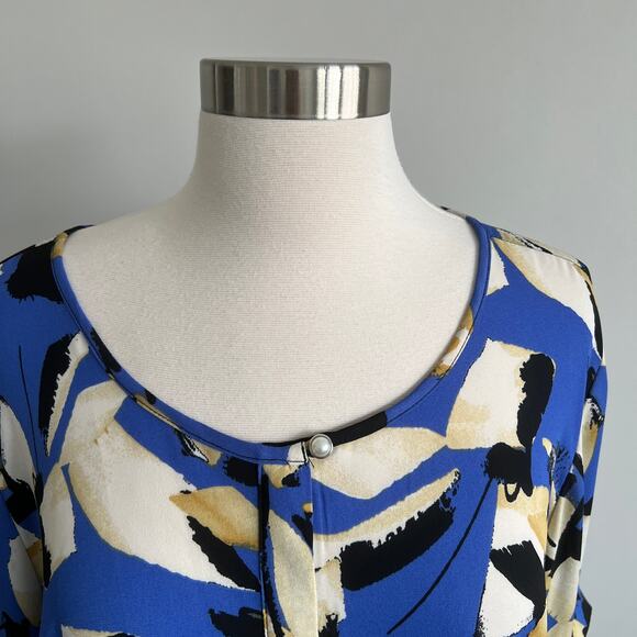 Ashley Stewart Geometric Career Work Wear Blouse Blue Tiered Sleeves 14/16W - Picture 2 of 8